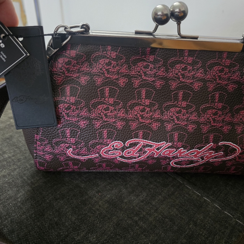 Ed Hardy Burgundy Embroidered Tiger Frame-Top Bag - Picture 8 of 10